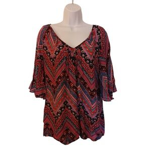 Cato Multicolor Chevron Floral Top Size L Red Pink Purple Bell Sleeves Bohemian